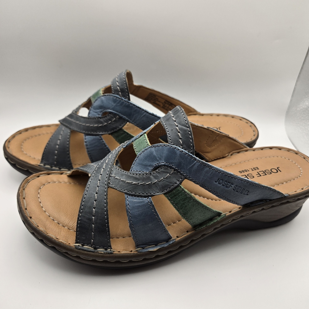 Josef Seibel Women's Blue and Green Slip On Leather Mule Sandals - Picture 1 of 9